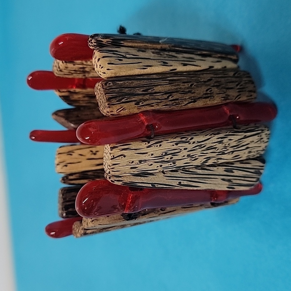 Vintage Glass Wood Double Stretch Thick Tribal Like Bracelet
